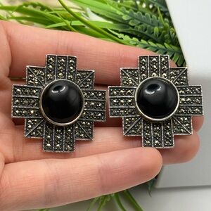 Vintage Judith Jack Sterling Silver 925 Marcasite Onyx Omega Back Earrings